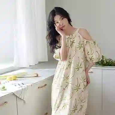 歌倩雅 圆领套头五分袖睡裙 女款 杏色