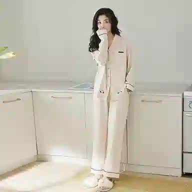 歌倩雅 简约休闲翻领长袖上衣松紧腰长裤睡衣套装 女款 米色