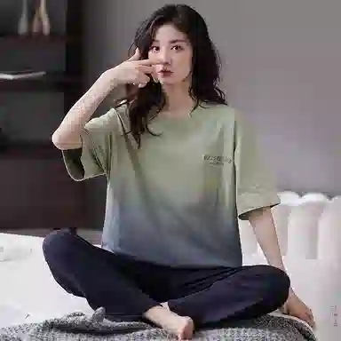 歌倩雅 五分袖圆领简约长裤睡衣套装 女款 绿色