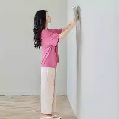 歌倩雅 纯色圆领短袖松紧腰长裤可外穿睡衣套装 女款 玫粉