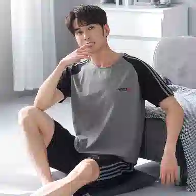 歌倩雅 圆领简约舒适字母上衣松紧腰三分裤睡衣套装 男款 黑灰