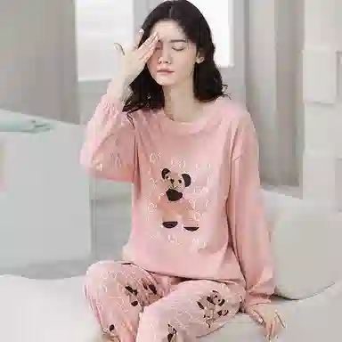 歌倩雅 长袖甜美可爱小熊长裤可外穿睡衣套装 女款 粉色