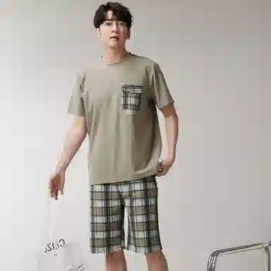 歌倩雅 圆领舒适短袖上衣亲肤柔软短裤睡衣套装 男款 抹茶色