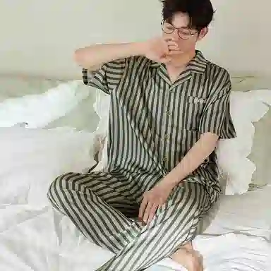 歌倩雅 舒适透气短袖亲肤凉感长裤睡衣套装 男款 绿色