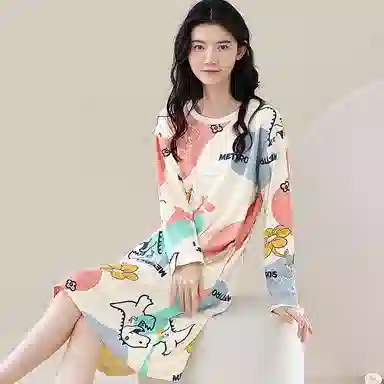 歌倩雅 纯棉大码舒适简约长袖睡裙 女款 图色