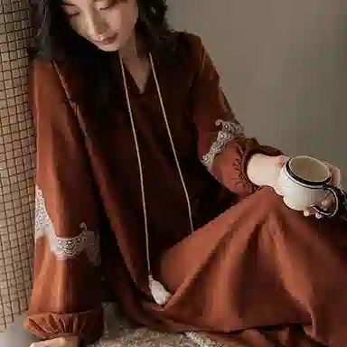 歌倩雅 时尚高级感休闲简约长袖睡衣礼睡裙 女款 图色