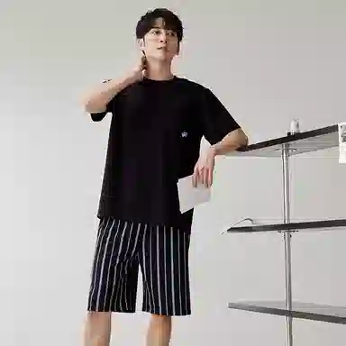 歌倩雅 圆领休闲短袖短裤家居睡衣套装 男款 黑色