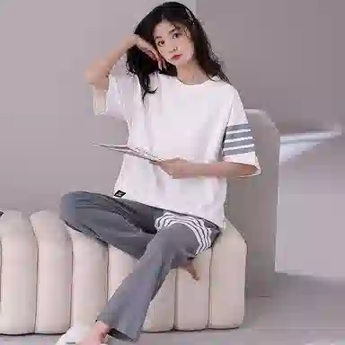 歌倩雅 休闲简约拼色圆领短袖上衣松紧腰长裤睡衣套装 女款 白色