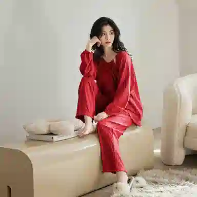 歌倩雅 休闲纯色圆领套头长袖上衣松紧腰长裤睡衣套装 女款 大红色