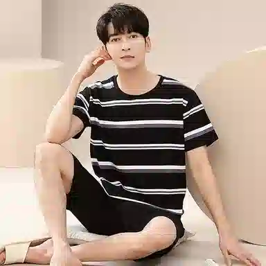 歌倩雅 简约亲肤舒适条纹短圆领套头袖休闲可外穿五分裤睡衣套装 男款 黑色