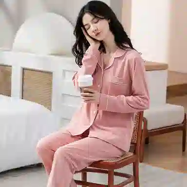 歌倩雅 纯色休闲舒适长袖长裤开衫睡衣套装 女款 豆沙色