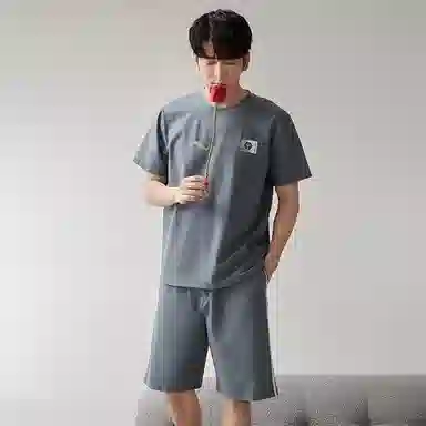 歌倩雅 撞色圆领短袖上衣中腰裤子睡衣套装 男款 蓝色