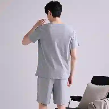 歌倩雅 亲肤舒适纯色透气短袖五分裤睡衣套装 男款 灰色