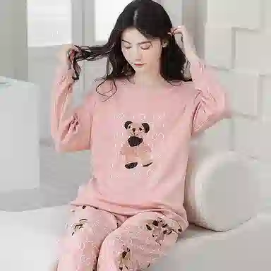 歌倩雅 长袖甜美可爱小熊长裤可外穿睡衣套装 女款 粉色