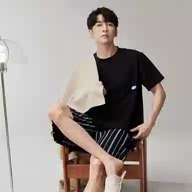 歌倩雅 圆领休闲短袖短裤家居睡衣套装 男款 黑色