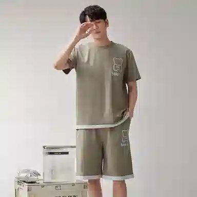 歌倩雅 圆领舒适短袖上衣柔软亲肤短裤睡衣套装 男款 灰绿