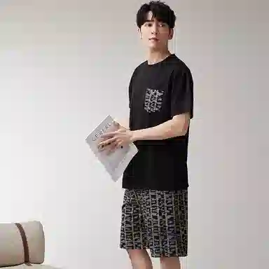 歌倩雅 简约圆领套头短袖短裤透气睡衣套装 男款