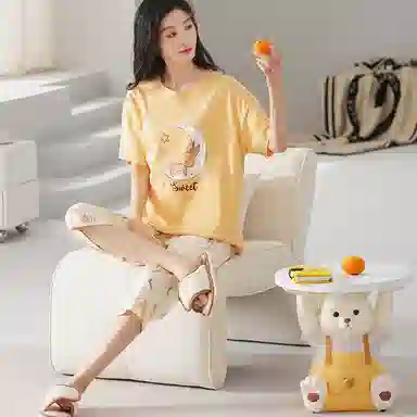 歌倩雅 舒适亲肤休闲简约短袖七分裤睡衣套装 女款 黄色