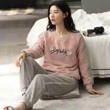 歌倩雅 运动风法兰绒加厚加绒保暖珊瑚绒长袖长裤可外穿睡衣套装 女款 灰粉色