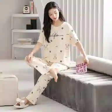 歌倩雅 套头圆领短袖透气家居服长裤睡衣套装 女款 杏色