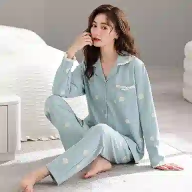 歌倩雅 简约舒适亲肤宽松翻领开衫长袖长裤可外穿睡衣套装 女款 蓝色