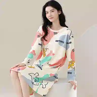 歌倩雅 纯棉大码舒适简约长袖睡裙 女款 图色