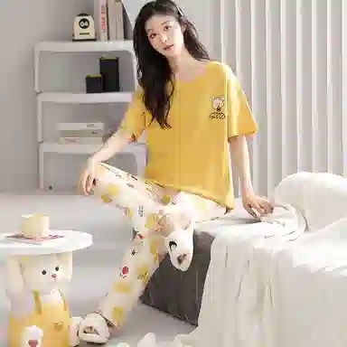 歌倩雅 舒适休闲简约短袖长裤睡衣套装 女款 黄色