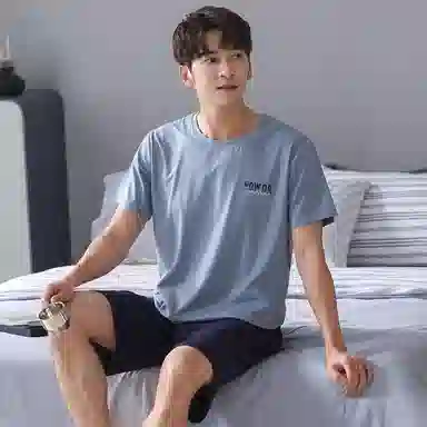 歌倩雅 简约纯棉圆领套头短袖松紧腰五分裤睡衣套装 男款 图色