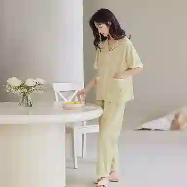 歌倩雅 简约柔软舒适短袖长裤可外穿睡衣套装 女款