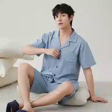 歌倩雅 休闲纯色翻领短袖上衣松紧腰短裤睡衣套装 男款 蓝色