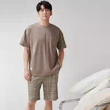 歌倩雅 休闲简约圆领短袖上衣格子五分短裤睡衣套装 男款 驼色
