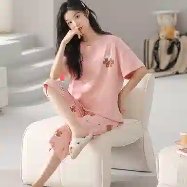 歌倩雅 卡通版休闲舒适亲肤短袖七分裤睡衣套装 女款 豆沙色