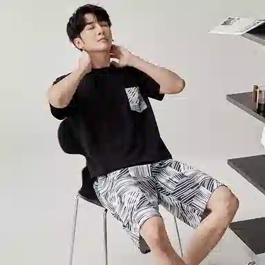 歌倩雅 圆领宽松上衣松紧腰短裤睡衣套装 男款 黑色