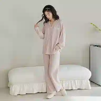 歌倩雅 简约单排扣休闲长袖上衣松紧腰直筒长裤睡衣套装 女款 粉色