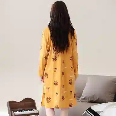 歌倩雅 纯棉长袖可外穿韩版中长款睡裙 女款 黄色