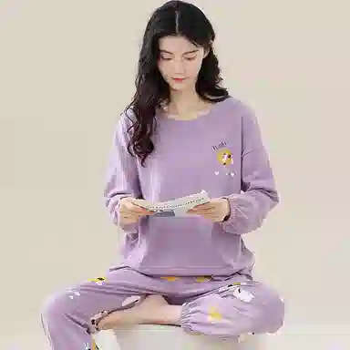 歌倩雅 纯棉长袖休闲宽松大码春秋季睡衣套装 女 图片色