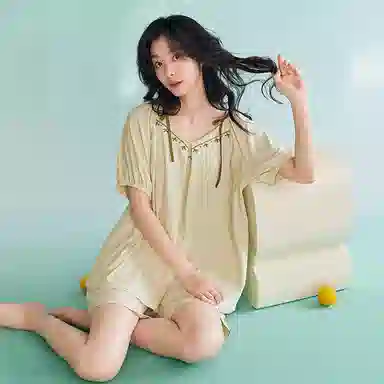 歌倩雅 短袖甜美可爱高级感可外穿短袖睡衣套装 女款 米白