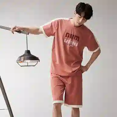 歌倩雅 休闲圆领短袖上衣松紧腰短裤睡衣套装 男款 粉色