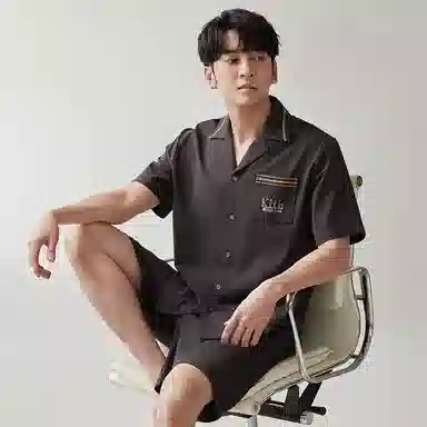 歌倩雅 纯色翻领短袖上衣松紧腰短裤简约睡衣套装 男款 深灰色