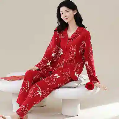 歌倩雅 舒适休闲卡通开衫长袖长裤睡衣套装 女款 红色