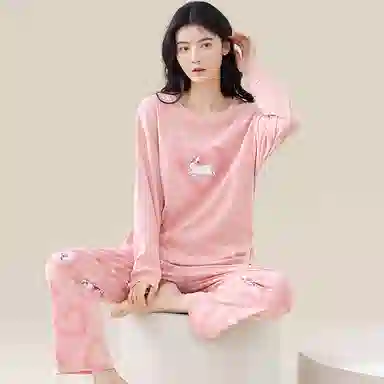 歌倩雅 小兔子字母圆领上衣爱心吸汗排湿长裤睡衣套装 女 粉色