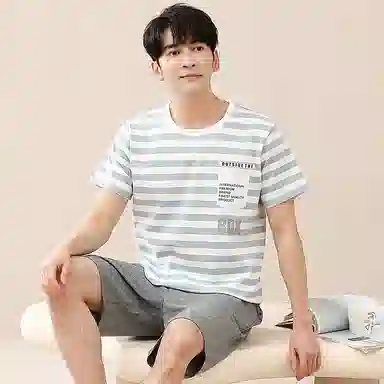 歌倩雅 短袖圆领套头舒适亲肤柔软睡衣套装 男款 浅蓝