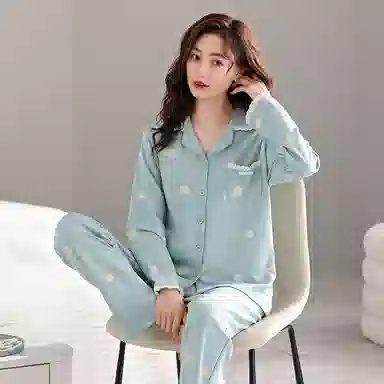 歌倩雅 简约舒适亲肤宽松翻领开衫长袖长裤可外穿睡衣套装 女款 蓝色