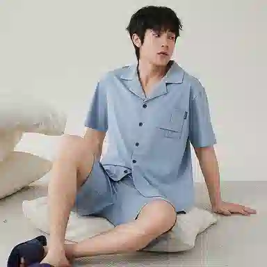 歌倩雅 休闲纯色翻领短袖上衣松紧腰短裤睡衣套装 男款 蓝色