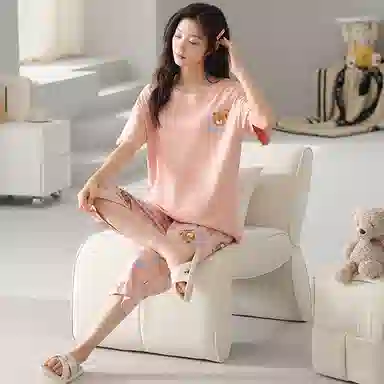 歌倩雅 纯棉短袖七分裤可爱家居服睡衣套装 女款 图色