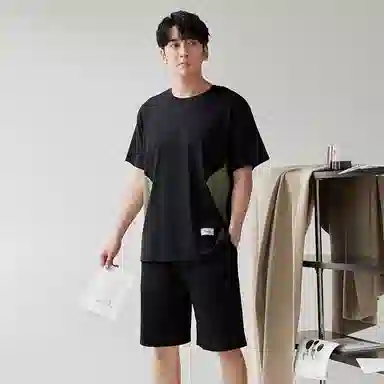 歌倩雅 宽松圆领套头短袖睡衣套装 男款 黑色