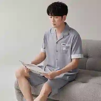 歌倩雅 开衫薄款字母宽松家居短袖短裤睡衣套装 男款 银灰