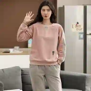 歌倩雅 法兰绒珊瑚绒长袖长裤保暖加厚睡衣套装 女款 灰粉色