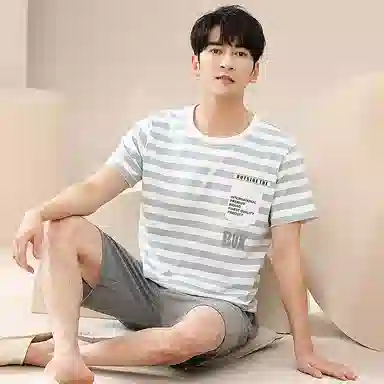 歌倩雅 短袖圆领套头舒适亲肤柔软睡衣套装 男款 浅蓝