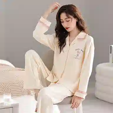 歌倩雅 简约休闲翻领开衫长袖长裤可外穿睡衣套装 女款 杏色